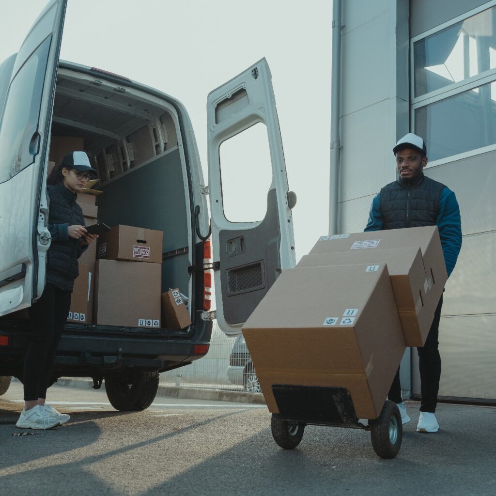 Empleados de Temma Freight entregando cajas de envios internacionales.